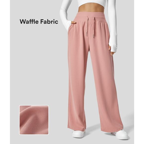 Halara High Waisted Drawstring Side Pocket Waffle Wide Leg Rose Casual Pants, M - Picture 1 of 8